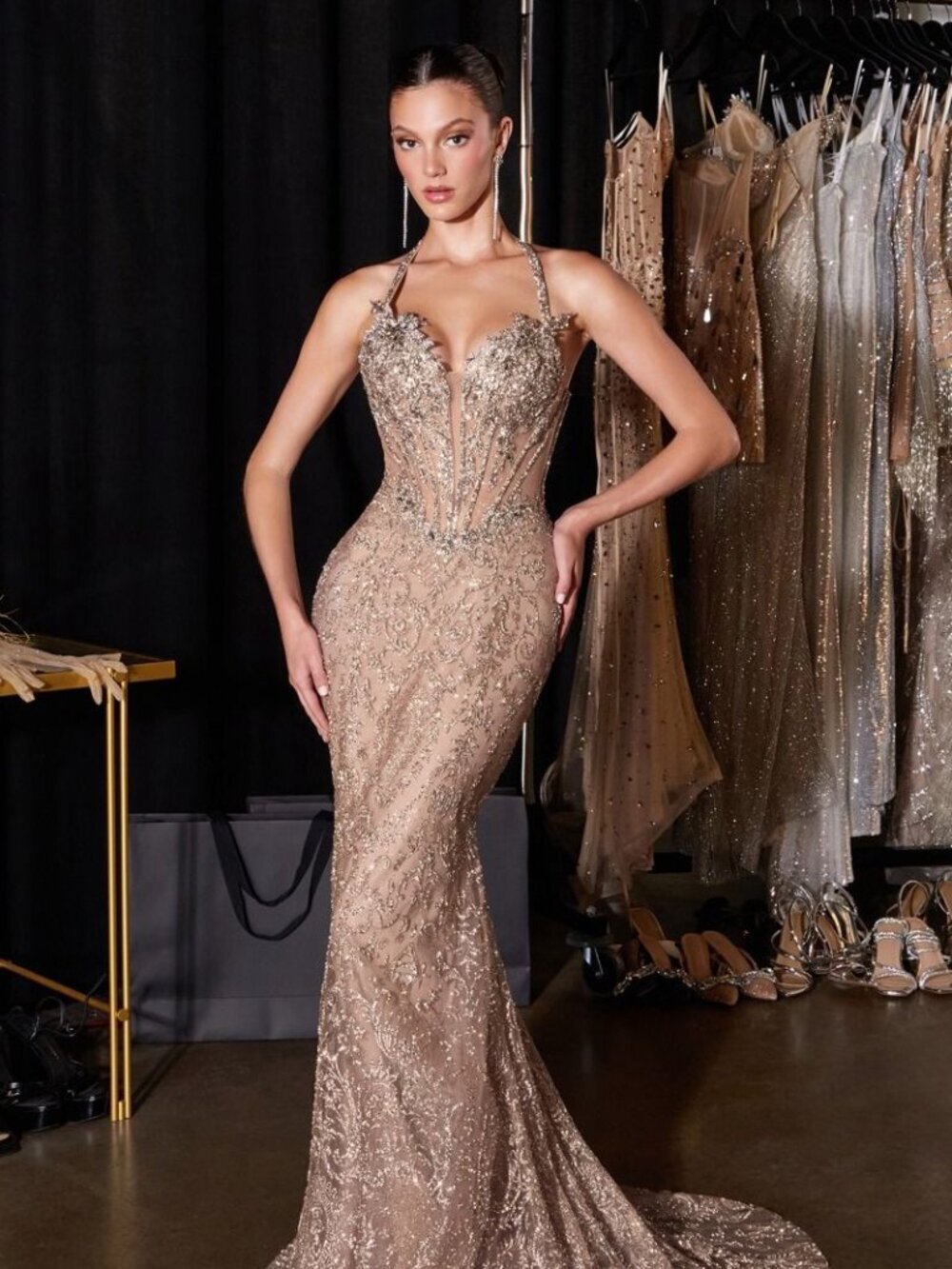 New Mocha Rhinestones Embellished Long Formal Dress w/ Halter Neckline CD695